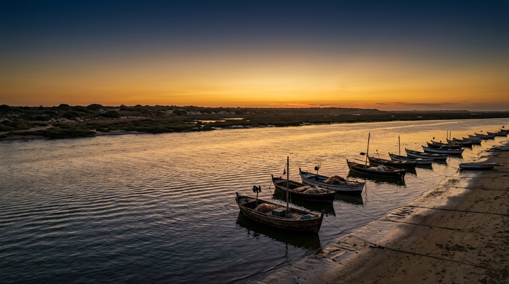 Barcas pesqueras tradicionales al atardecer en Sanlúcar de Barrameda